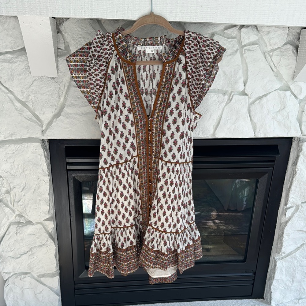 Veronica Beard Brown and White Ruffled Tiered Sundress